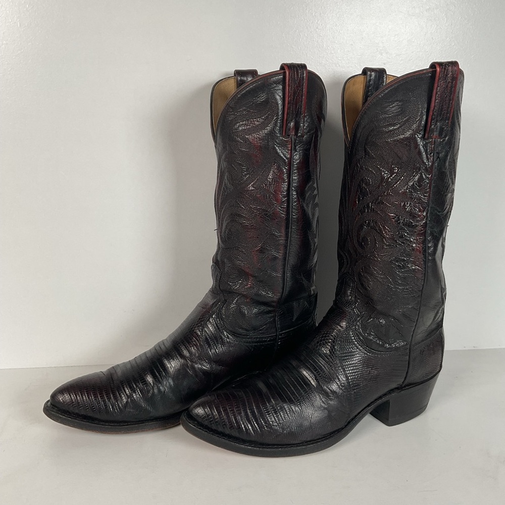 Vintage Dan Post Teju Lizard Cowboy Boots | USA Made | Black Cherry | Men’s 9 D